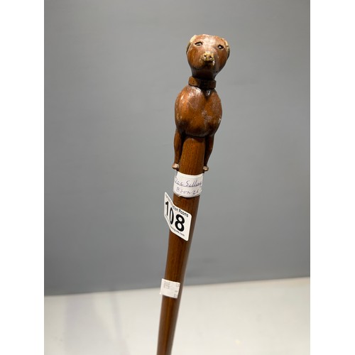 108 - Unusual early 20th century walking stick carved dog to top with bronze ears