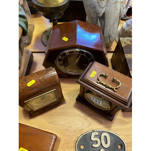 133 - 3 Mantle clocks inc deco walnut west minster chime