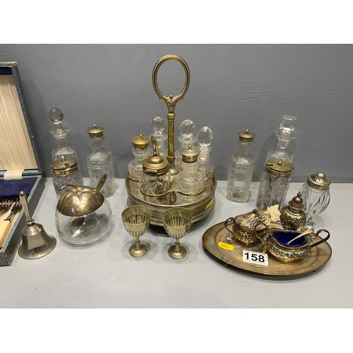 158 - Silver plated cruet set + other Plated items inc extra early 20th Century cut glass bottle