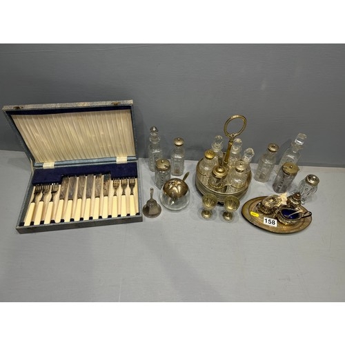 158 - Silver plated cruet set + other Plated items inc extra early 20th Century cut glass bottle