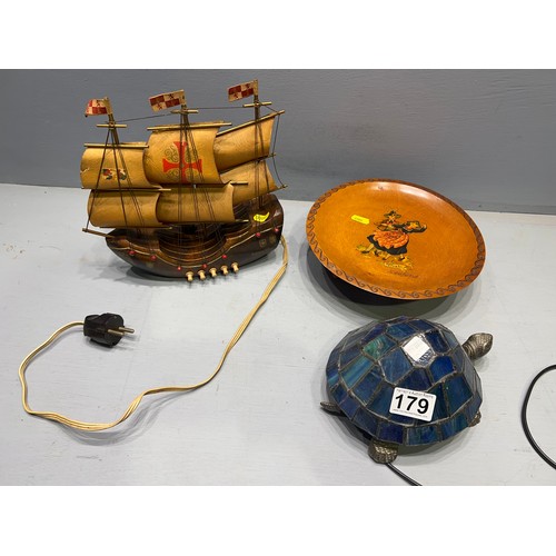 179 - Leaded glass turtle light + galleon & bowl