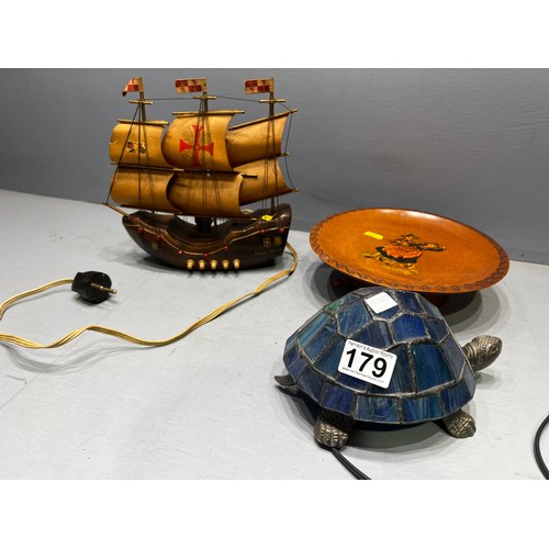 179 - Leaded glass turtle light + galleon & bowl