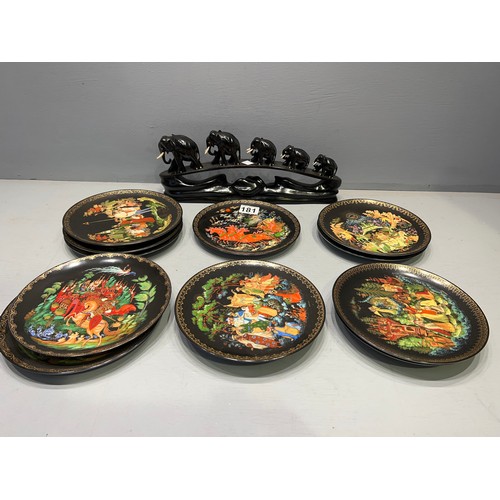 181 - Collection plates + ebony elephants figures