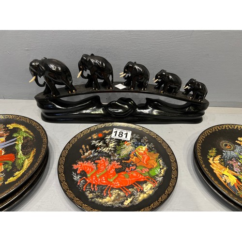 181 - Collection plates + ebony elephants figures