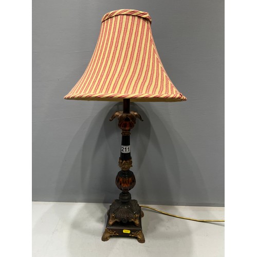 211 - Quality brass & coloured glass table lamp