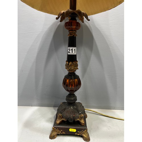 211 - Quality brass & coloured glass table lamp