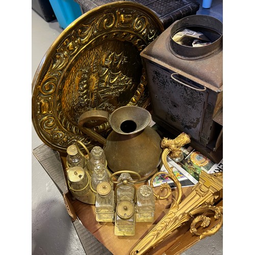 215 - Box of metal to include superb gilt wall light (heavy with cherub on top)