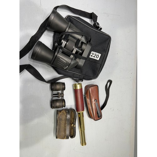 220 - Miniature binoculars + brass telescope + binoculars