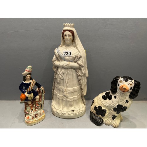 230 - Large Victorian Staffordshire flat back figure of queen Victorian + Stafford dog& figure