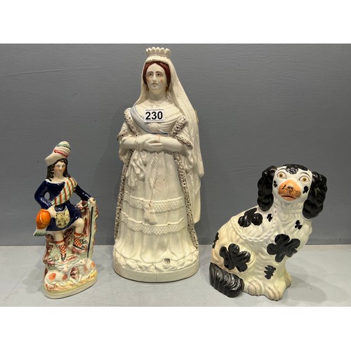 230 - Large Victorian Staffordshire flat back figure of queen Victorian + Stafford dog& figure