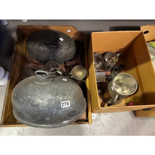 278 - Good box of metal ware to inc 2 plate domes + pewter tankards etc