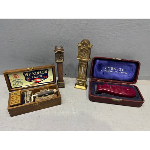 324 - Vintage shavers + brass grandfather clock + nut cracker