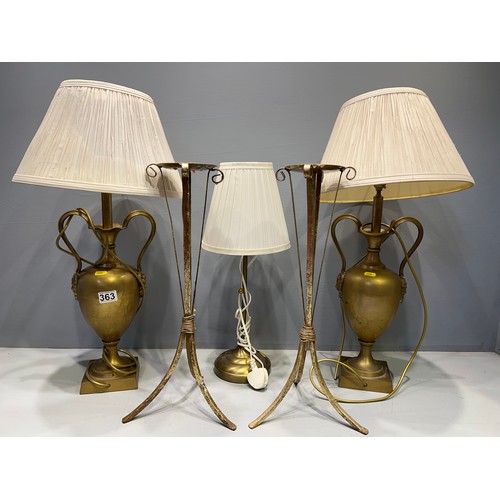 363 - Good pair of brass lamps & lamp + pair of candle stands