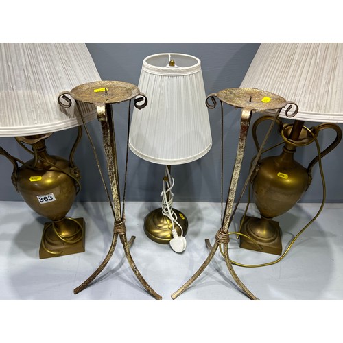 363 - Good pair of brass lamps & lamp + pair of candle stands