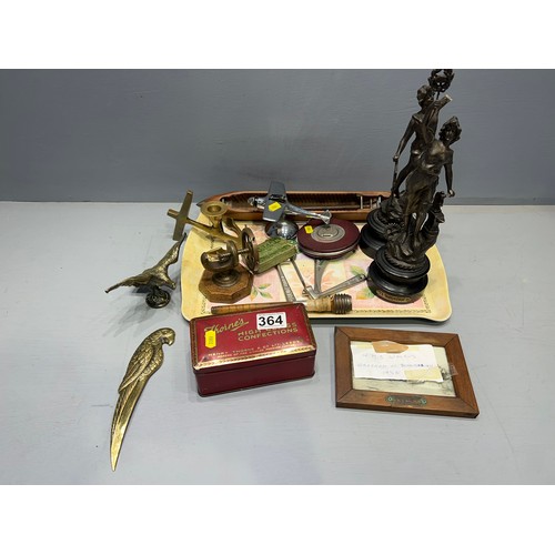 364 - Interesting tray of collectable inc Victorian spelter figure