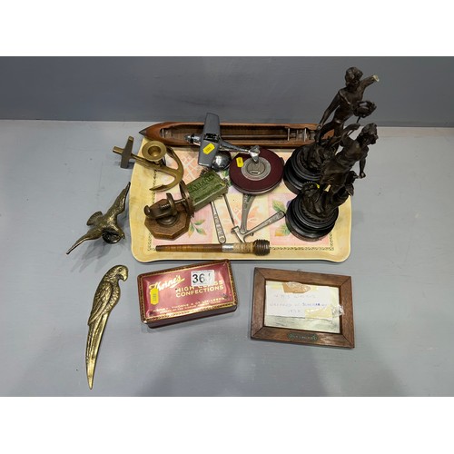 364 - Interesting tray of collectable inc Victorian spelter figure