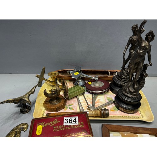 364 - Interesting tray of collectable inc Victorian spelter figure