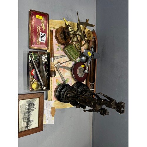 364 - Interesting tray of collectable inc Victorian spelter figure