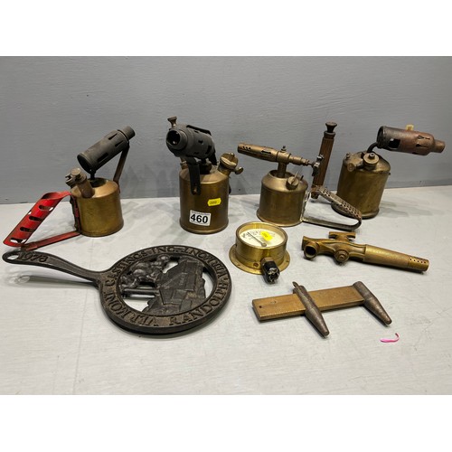 460 - Early 20th Century Brass Blow Lamps + Brass nozzle & unusual brass measuring device