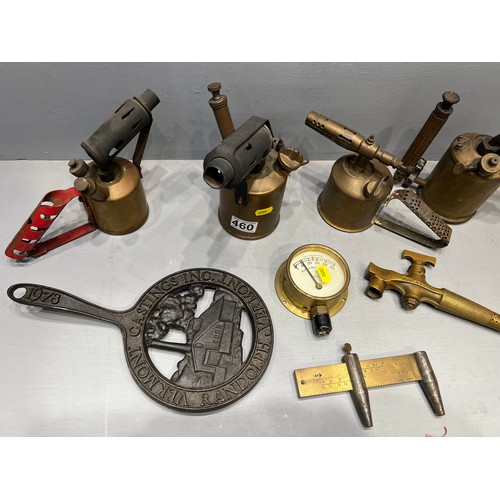 460 - Early 20th Century Brass Blow Lamps + Brass nozzle & unusual brass measuring device