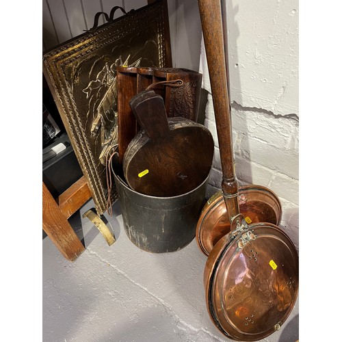 476 - 2 Early 20th Century copper warming pans + Bellows + fire guard ,trivet, copper flask etc