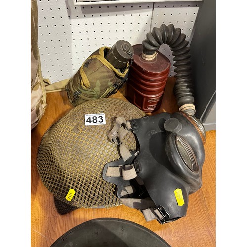 483 - Military items inc Gas Mask,
 Tin hat + Flask