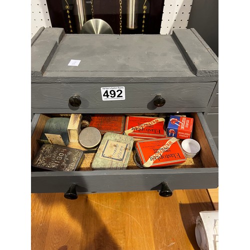 492 - Miniature Collectors chest full of watch pads & some interesting Tins