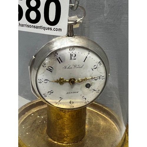 580 - Silver pocket watch on stand under glass dome