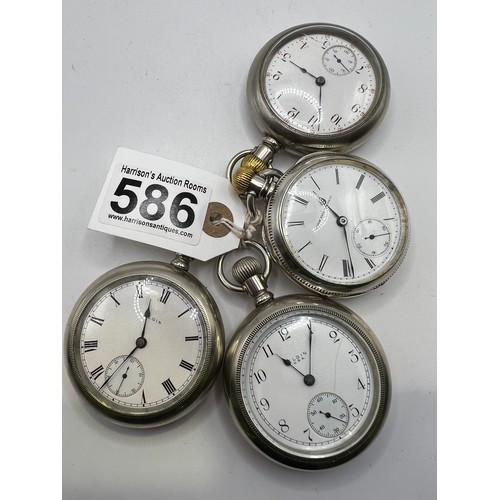 586 - 4 White metal pocket watches (elgin) (possibly silver)