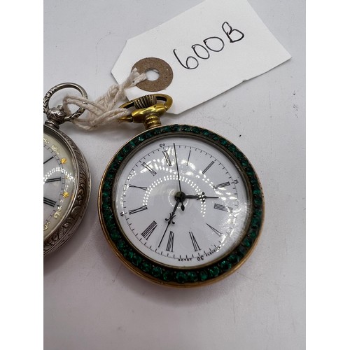 600b - 2 ornate pocket watches, one having ornate picture on the back, one is silver (both working)