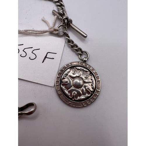 555f - silver albert chain with silver Blackburn grammar school pendant 33.7g