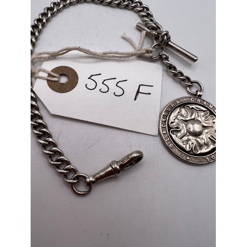 555f - silver albert chain with silver Blackburn grammar school pendant 33.7g