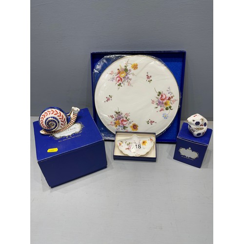 218 - Collection royal crown derby snail and mouse and poesy dish and cake plate in original box's