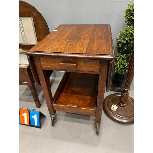 711 - Oak trolley + sewing box + stand + lamp