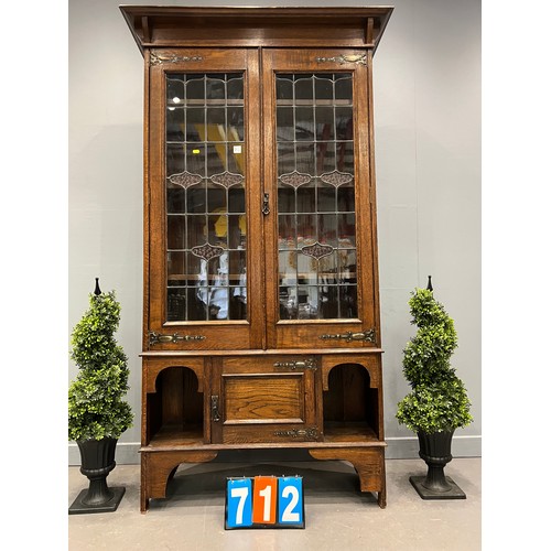 712 - Art nouveau oak leaded glass bookcase 1 Glass A/F