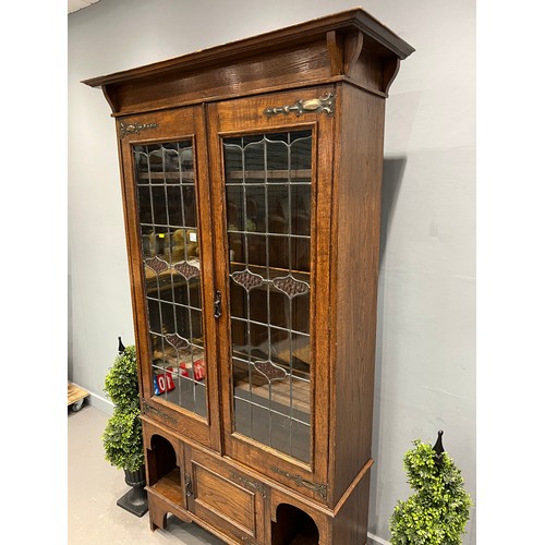 712 - Art nouveau oak leaded glass bookcase 1 Glass A/F