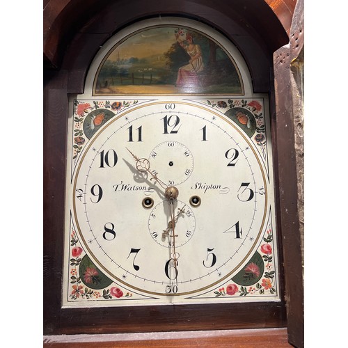 720 - Antique mahogany grandfather clock 8 day 8ft tall (t Watson Skipton)