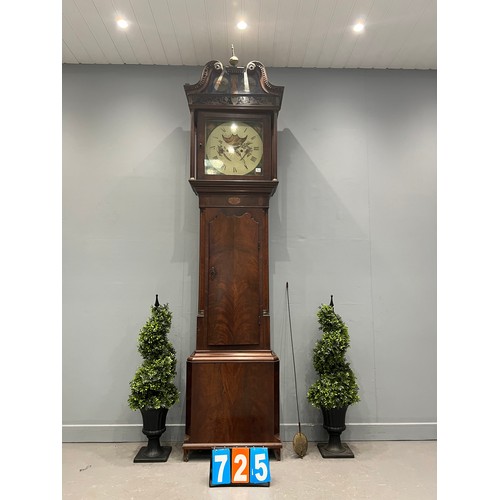 725 - Georgian flame mahogany 30 hour grandfather clock with moon roller face with hand painted hood A/F