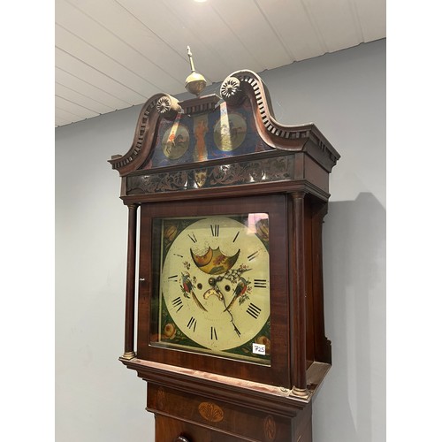 725 - Georgian flame mahogany 30 hour grandfather clock with moon roller face with hand painted hood A/F