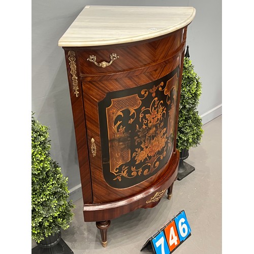 746 - French inlaid marble top corner cabinet gilt ormolu mount