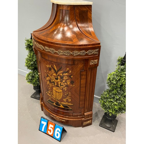 756 - French inlaid walnut corner cabinet marble top