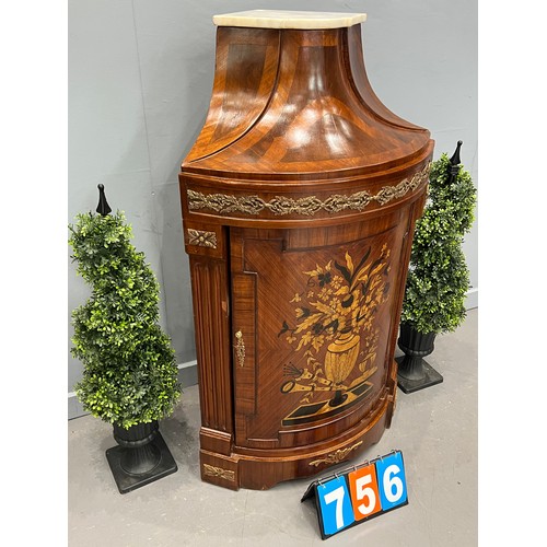 756 - French inlaid walnut corner cabinet marble top