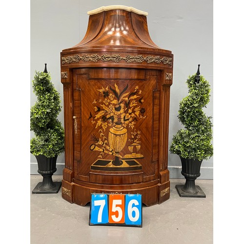 756 - French inlaid walnut corner cabinet marble top