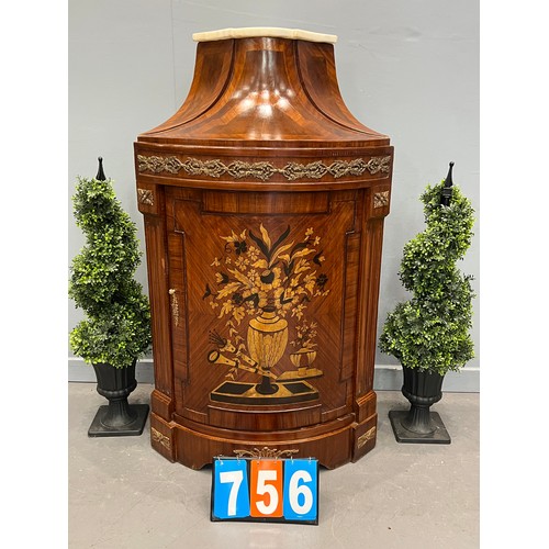 756 - French inlaid walnut corner cabinet marble top