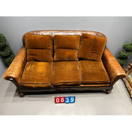 839 - Antique leather 3 seater sofa A/F