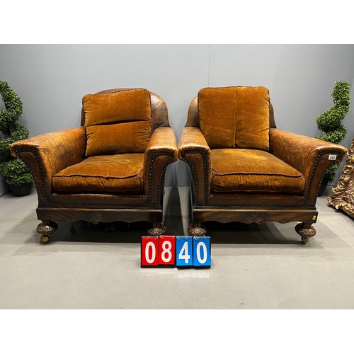 840 - Antique leather pair of chairs A/F