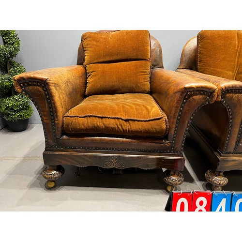 840 - Antique leather pair of chairs A/F