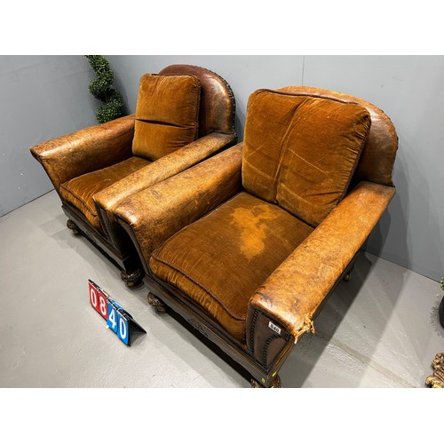 840 - Antique leather pair of chairs A/F