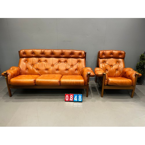 848 - Guy rogers mid century leather 3 seater sofa + chair