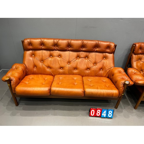 848 - Guy rogers mid century leather 3 seater sofa + chair